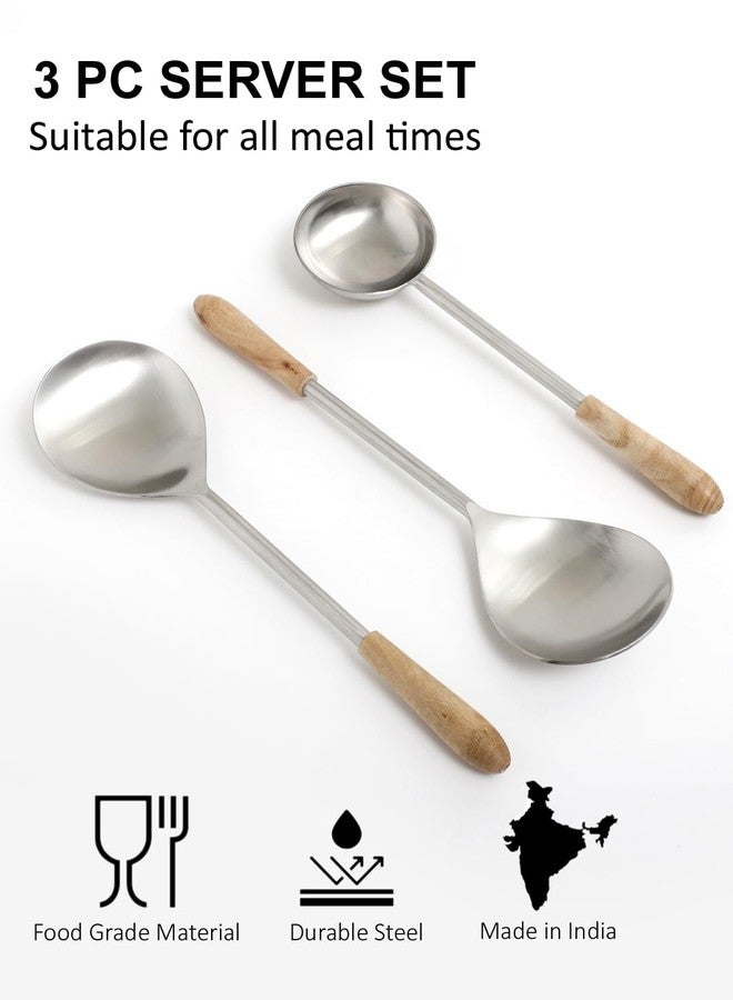 VarEesha Hand Crafted Wooden Handles Matt Steel Serving Spoons Set of Three | Elegant Lead Free Stainless Steel Server Set for Dinner| Serving Spoons for Dining Table| Cutlery for Gifting - Image 4